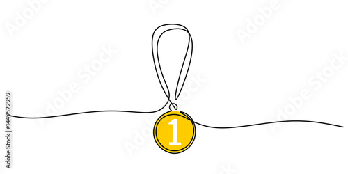 Continuous One Line Number One Medal. Achievement Award Minimalist Vector Icon.