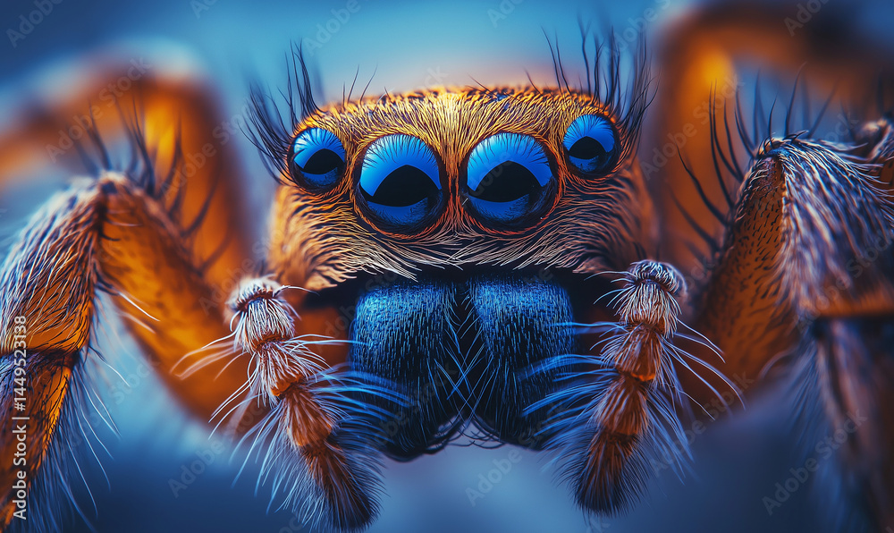 A close-up of a colorful spider with large, bright eyes and intricate hair details, showcasing its mystery and beauty. A close-up of a colorful spider with large, bright eyes and intricate hair details, showcasing its mystery and beauty.