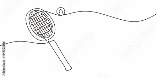 Single Line Art Tennis Equipment. Racket Ball Minimalist Vector Graphic.