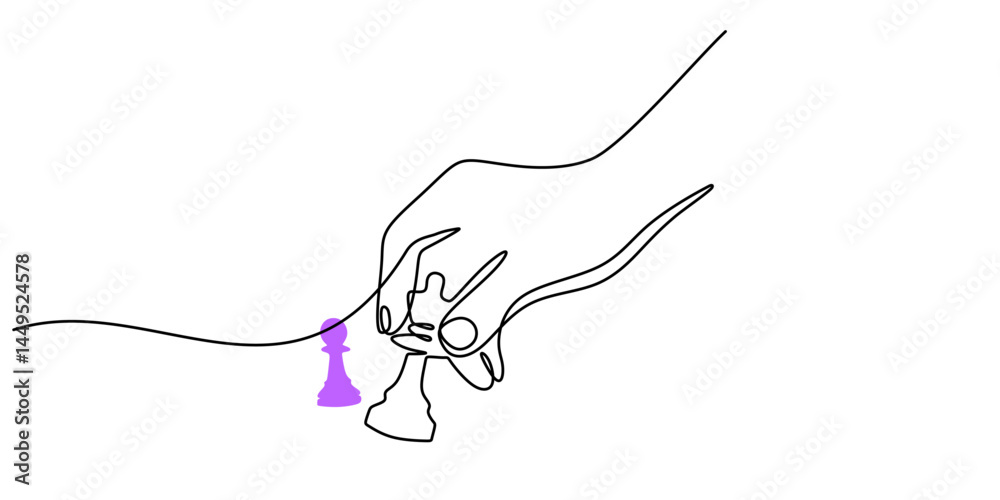 Obraz premium Single Line Art Hand Chess Move. Strategic Play Concept Minimalist Vector Graphic.