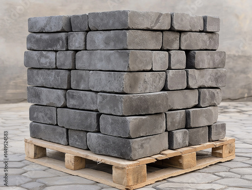 Stacked gray pavers on a wooden pallet, on the street pallet with paving stones, construction of sidewalks and paths, generative ai