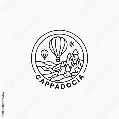 Minimalist Hot Air Balloon Line Art over Cappadocia Landscape for Travel and Adventure Designs