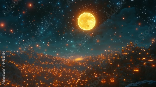Mesmerizing honey moon glowing amid countless bright stars in a velvety dark night sky