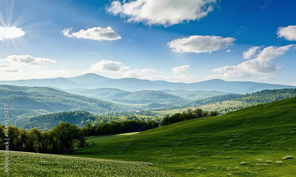 Rolling green hills on a sunny day with dramatic clouds casting shadows over a peaceful meadow landscape. Rolling green hills on a sunny day with dramatic clouds casting shadows over a peaceful meadow landscape.