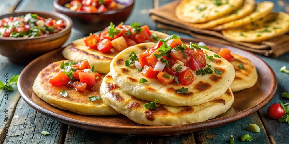 Steamed cornmeal flatbread with melted cheese and savory fillings arranged on a vibrant plate , tomato salsa, traditional pupusas Steamed cornmeal flatbread with melted cheese and savory fillings arranged on a vibrant plate , tomato salsa, traditional pupusas