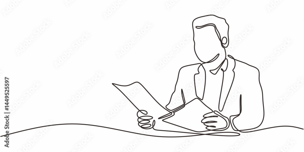 Single Line Art Businessman Reading Documents. Work Productivity Minimalist Vector Graphic. Single Line Art Businessman Reading Documents. Work Productivity Minimalist Vector Graphic.