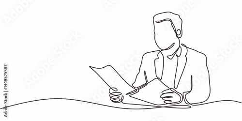 Single Line Art Businessman Reading Documents. Work Productivity Minimalist Vector Graphic.