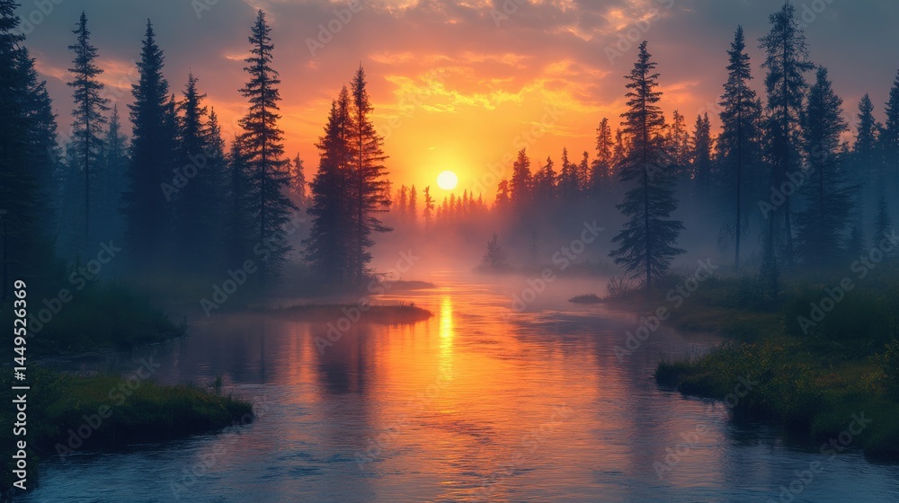 Serene landscape with river flowing through a forest at golden hour Serene landscape with river flowing through a forest at golden hour
