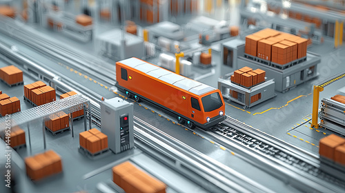 Automated logistics train in a modern factory.  A miniature automated train transports cargo within a complex factory environment.  Various automated systems and storage containers are visible
