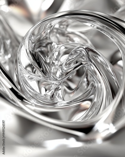 Abstract Silver Swirl: Metallic Liquid Motion with Reflections and Smooth Surface Texture