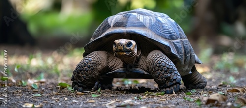 A large tortoise slowly ambles through the undergrowth.