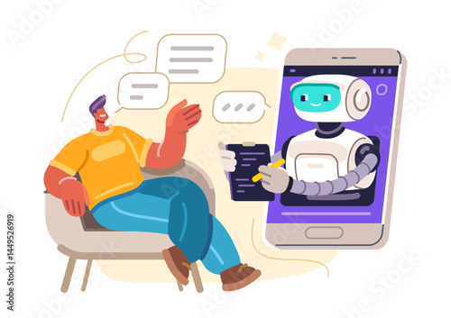 Man chats with artificial intelligence online. Digital technologies help human. Medical assistant, doctor psychologist
