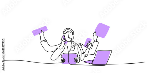 Single Line Illustration Worker Tasks. Managing Multitasking Workplace Vector Art.