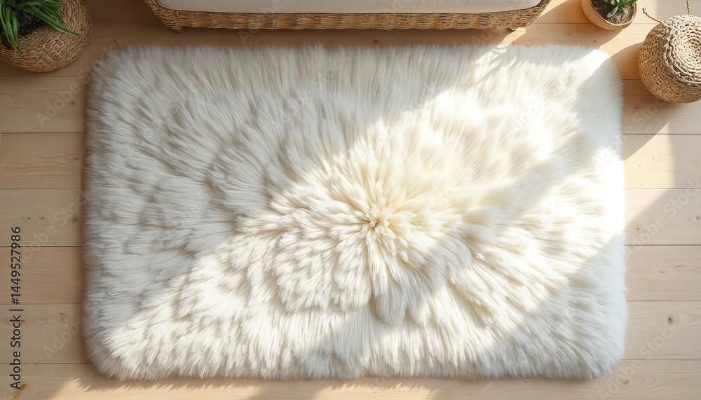 Fototapeta premium Top view white fluffy rug on wooden floor, near rattan wicker sofa. Home decor, cozy interior design, warm, soft and comfortable. Soft rug texture, warm, modern, natural. Apartment design with nobody.