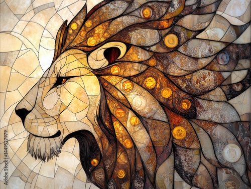 stained glass image of a lion with a golden mane and a golden eye