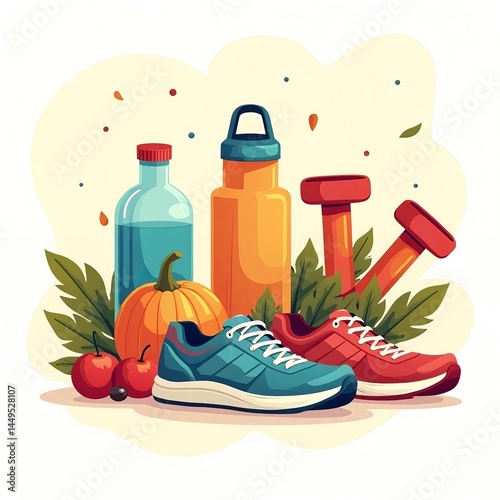 an image of a pair of sneakers, a bottle of water, and other sports equipment, there is a picture of a pair of sneakers, a bottle of water, and other items