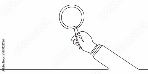 Single Line Art Hand Magnifier. Holding Investigation Analysis Concept Vector.