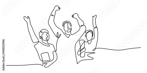Single Line Vector Art Young Person. Raising Hand Excitement Celebration Joy.