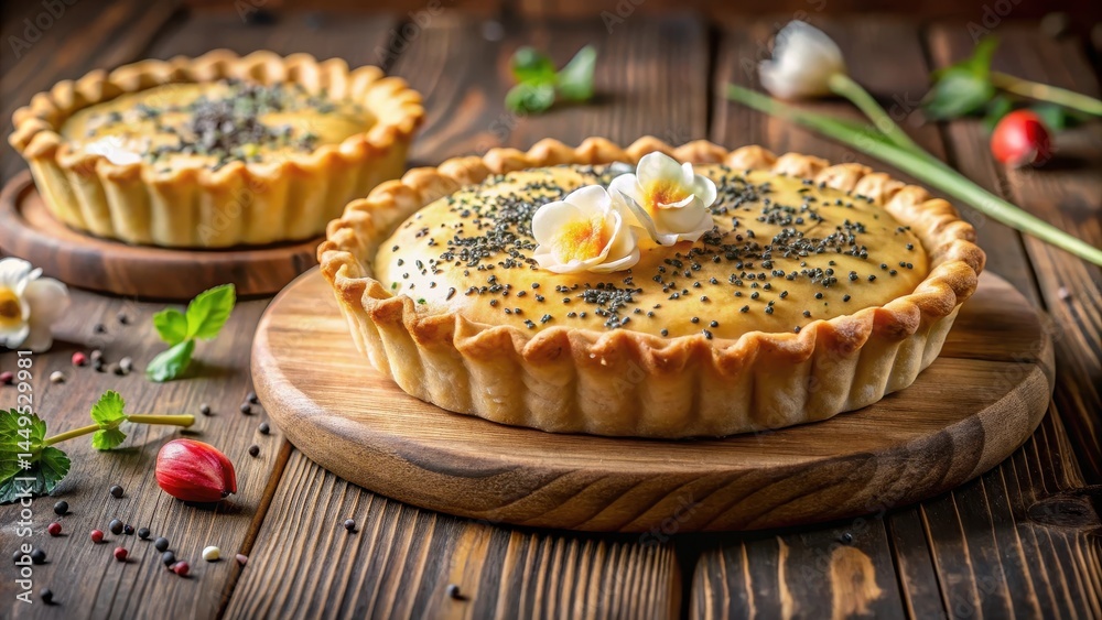 Rich golden cream overflowing from a delicate pastry crust filled with tiny poppy seeds on a wooden board, floral patterns, food styling Rich golden cream overflowing from a delicate pastry crust filled with tiny poppy seeds on a wooden board, floral patterns, food styling