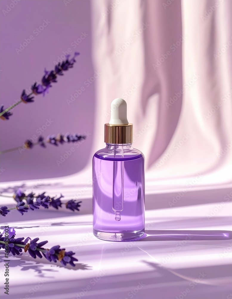 Lavender serum bottle with droppers on lilac background and sunlight Lavender serum bottle with droppers on lilac background and sunlight