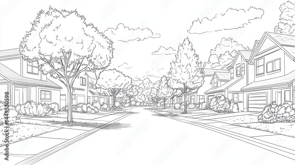 A simple line-art illustration of a quiet suburban street with trees and homes in a clean sketch style. A simple line-art illustration of a quiet suburban street with trees and homes in a clean sketch style.