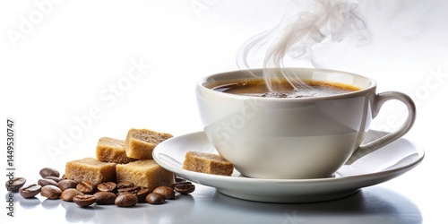 A steaming hot cup of coffee with a generous pouring of sugar into it, creating a sweet and inviting aroma , white, pour,  white, pour