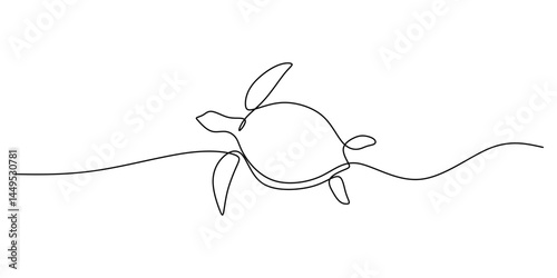Minimalist One Line Drawing Turtle Swimming. Marine Life Nature Concept Vector.