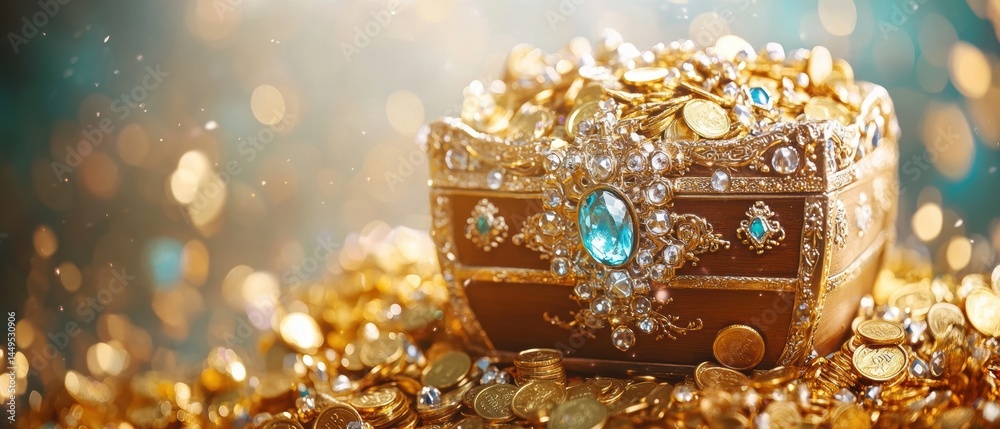 Golden treasure chest overflowing with coins and jewels a symbol of wealth and prosperity and luxury