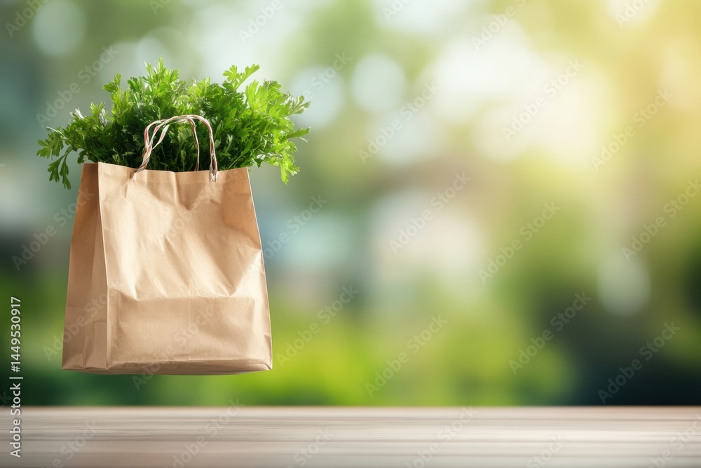 Fresh Herbs in a Brown Paper Bag on a Wooden Table with a Blurred Green Background