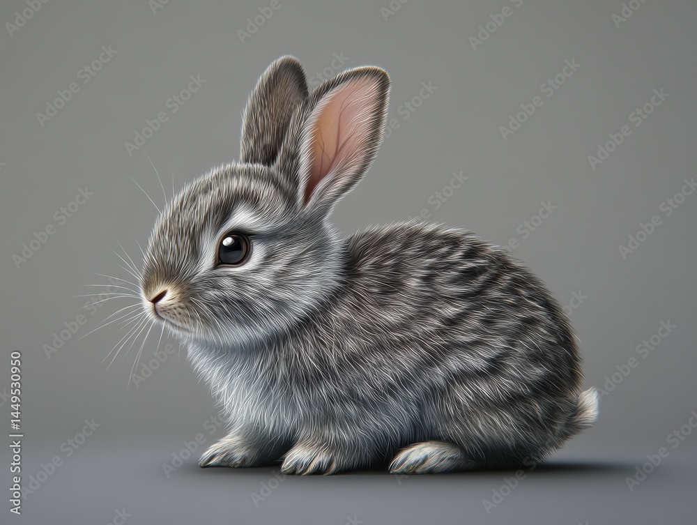 Adorable Gray Rabbit Portrait on Neutral Background Capturing Its Delicate Features and Soft Fur