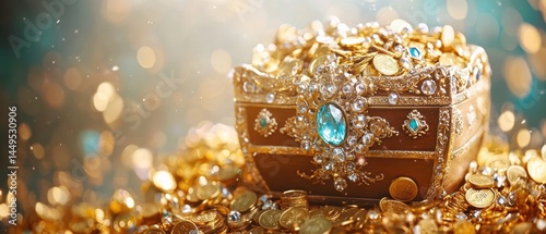 Obraz na płótnie Golden treasure chest overflowing with coins and jewels a symbol of wealth and prosperity and luxury w salonie