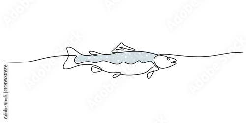 Single Line Vector Art Tuna Salmon. Swimming Marine Life Healthy Eating Symbol.