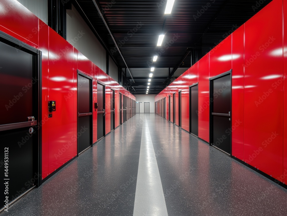 Modern storage facility corridor with red walls and black doors providing secure space solutions