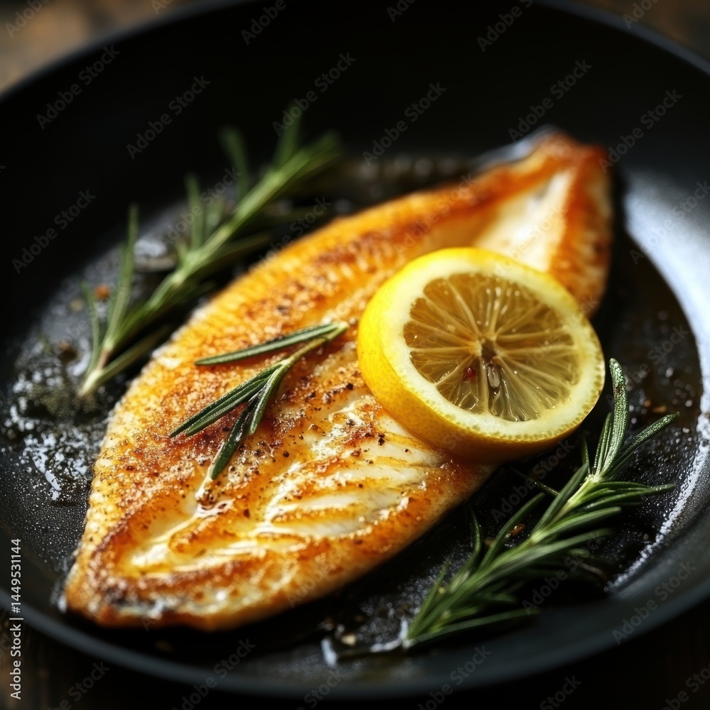 Pan Fried Fish Fillet with Lemon and Rosemary Garnish on a Black Plate Close Up Delicious Meal