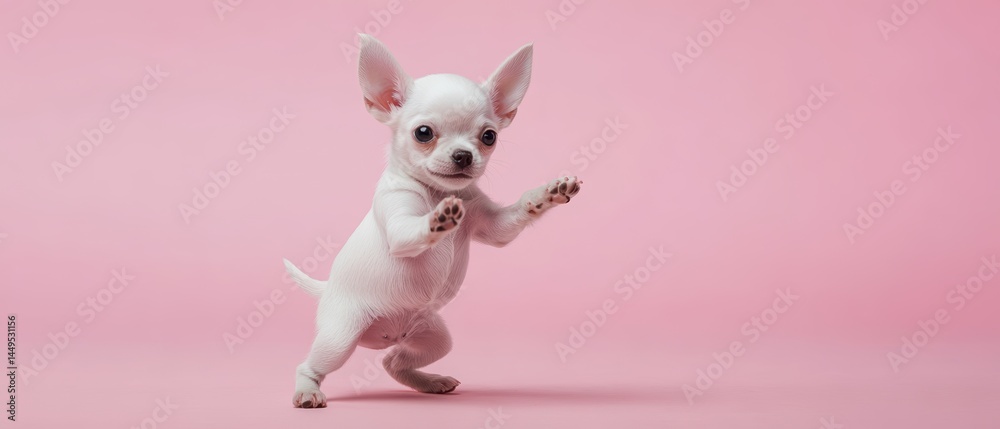 Playful Chihuahua Puppy Stands on Hind Legs Against a Pink Background in a Studio Setting