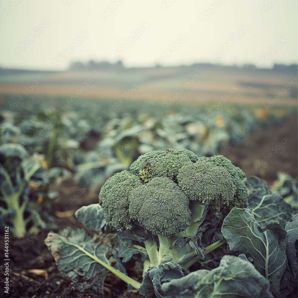 Broccoli field under a cloudy sky showing rows of healthy green vegetables in nature