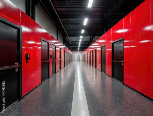 Obraz na płótnie Modern storage facility corridor with red walls and black doors providing secure space solutions w salonie