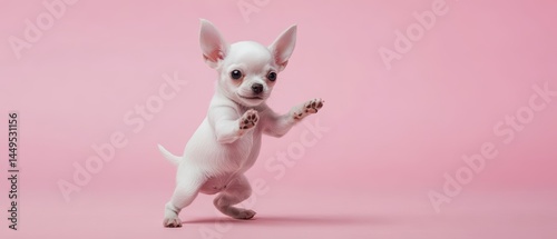 Obraz na płótnie Playful Chihuahua Puppy Stands on Hind Legs Against a Pink Background in a Studio Setting w salonie