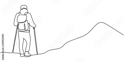 Continuous Line Art Hiker Backpack Poles. Mountain Climbing Outdoor Adventure Minimal Vector.