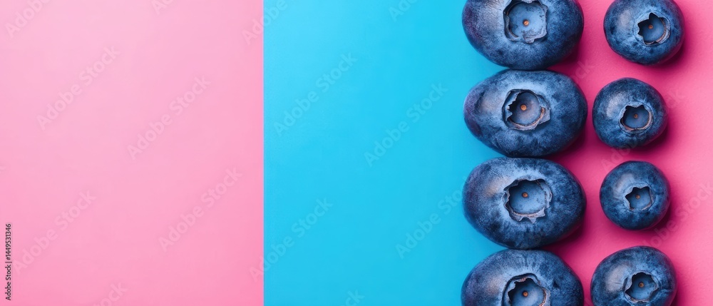 Blueberries on a vibrant pink and blue background creating a visually appealing and healthy food composition