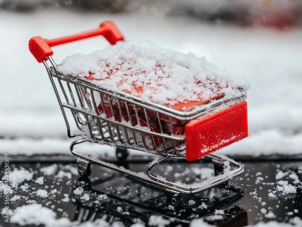 Winter Shopping Spree A Red Shopping Cart Filled With Gifts Covered In Fresh Snow On A Cold Day