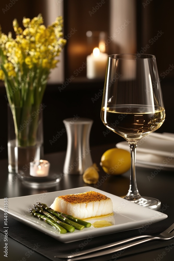 Elegant Dining Experience with Fish Dish Asparagus and Wine for a Special Occasion