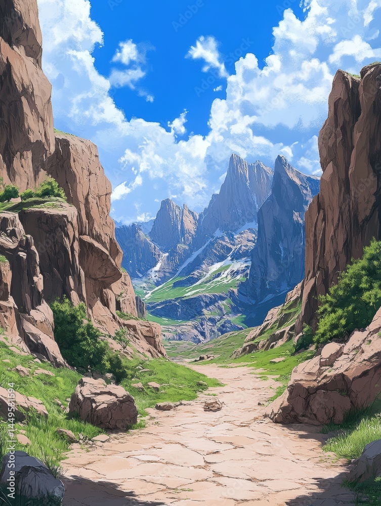 Majestic Mountain Valley Landscape with Rocky Cliffs and Lush Greenery Under a Clear Blue Sky
