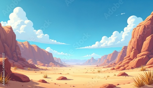 Cartoon desert landscape with rocks. Bright blue sky with white fluffy clouds. Sunny arid scenery for adventure design. Perfect for kids books, websites, travel, nature themes, animation projects.