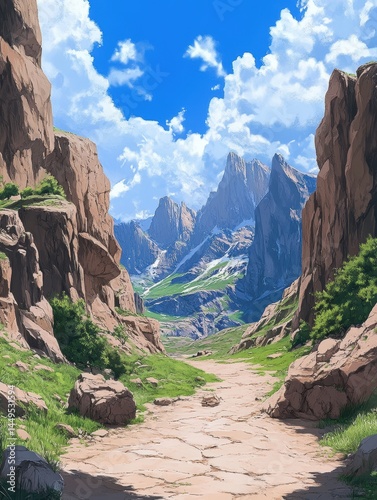 Majestic Mountain Valley Landscape with Rocky Cliffs and Lush Greenery Under a Clear Blue Sky