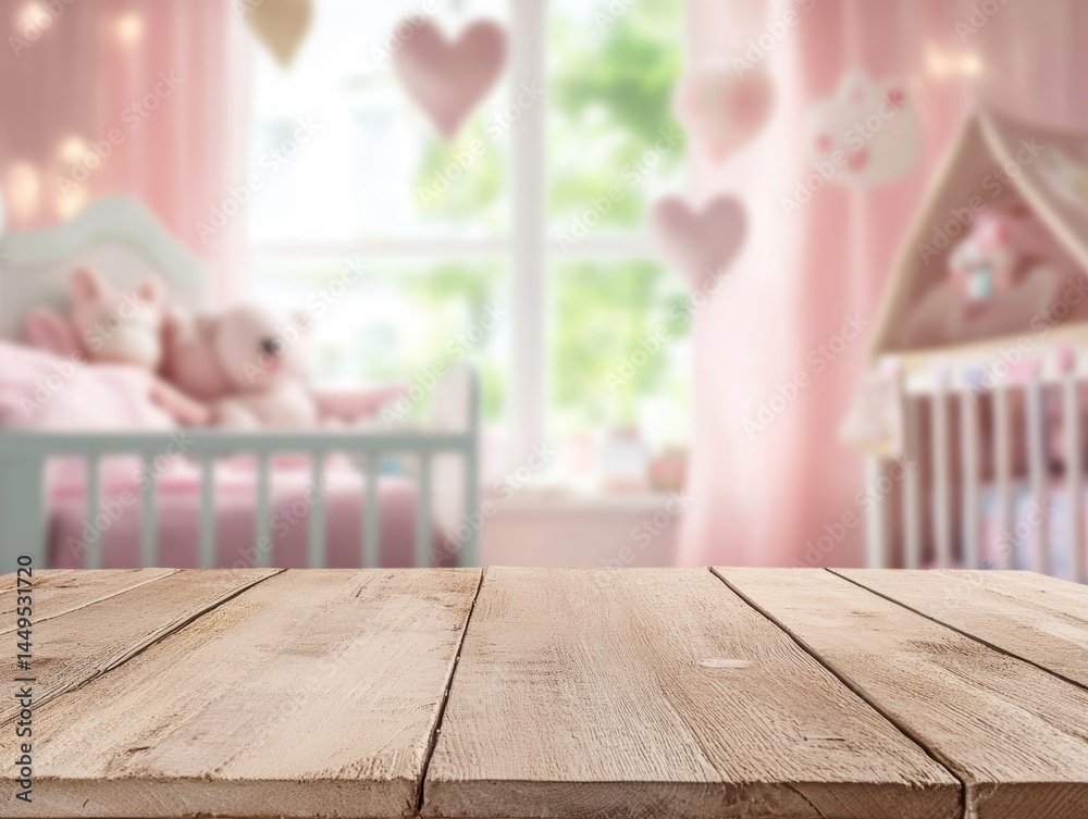 Wooden Table Surface in Pink Nursery Room with Crib and Decorations Background