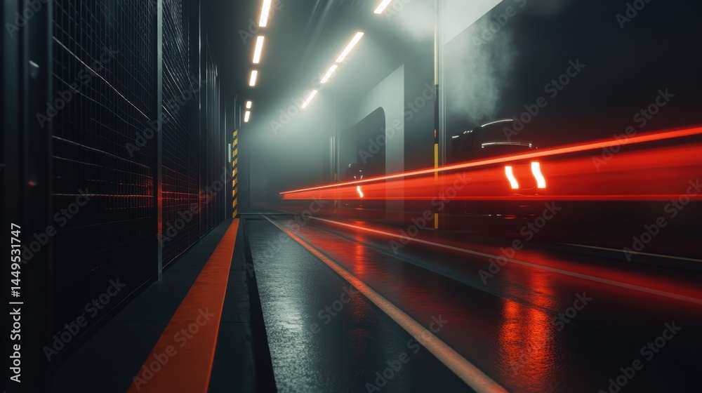 Futuristic tunnel with light trails and industrial design for modern concepts