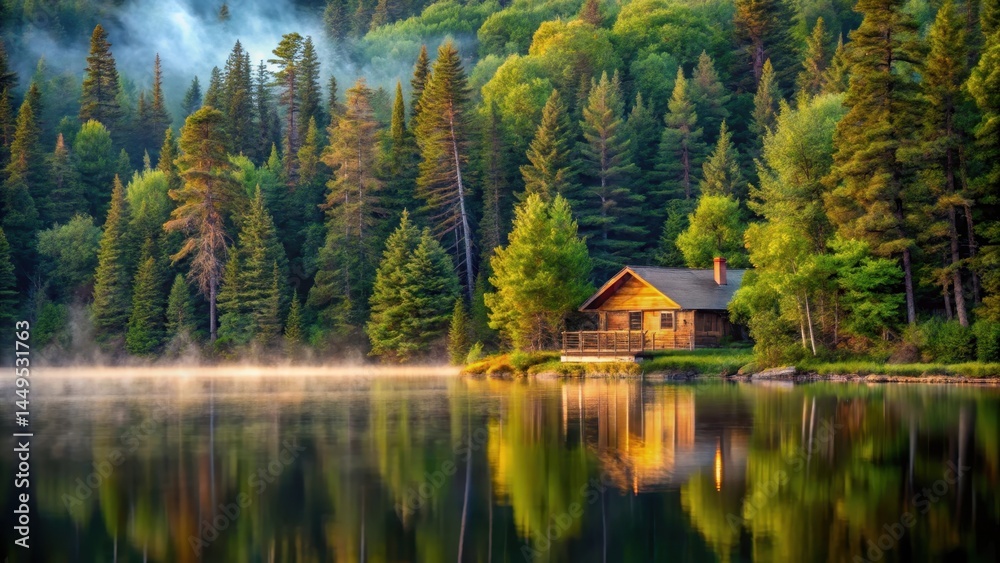 Fototapeta premium Serene wooden cabin surrounded by tall trees and misty lake waters in Algonquin Provincial Park, lake, Algonquin Provincial Park