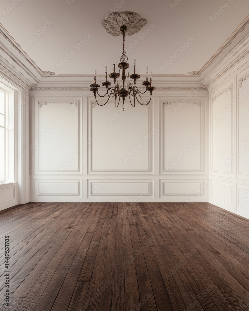 Elegant Interior with Classic Chandelier and Wood Floor in Empty Room for Design Ideas