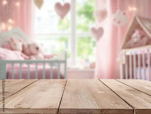 Obraz na płótnie Wooden Table Surface in Pink Nursery Room with Crib and Decorations Background w salonie